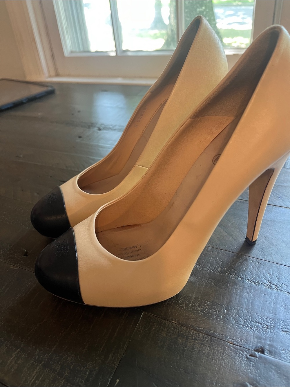 CHANEL Beige Leather Pumps with Black Cap Toes - Picture 17 of 17